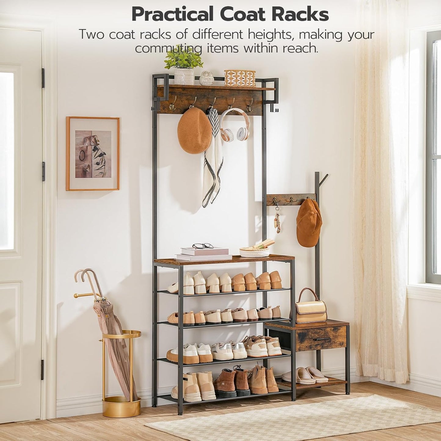 Hall Tree, Entryway Coat Rack Shoe Bench, Shoe and Coat Rack for Entryway, Hall Tree Coat Rack, with Non-Woven Fabric Drawer, for Entrance, Foyer, Rustic Brown and Black BF113MT01