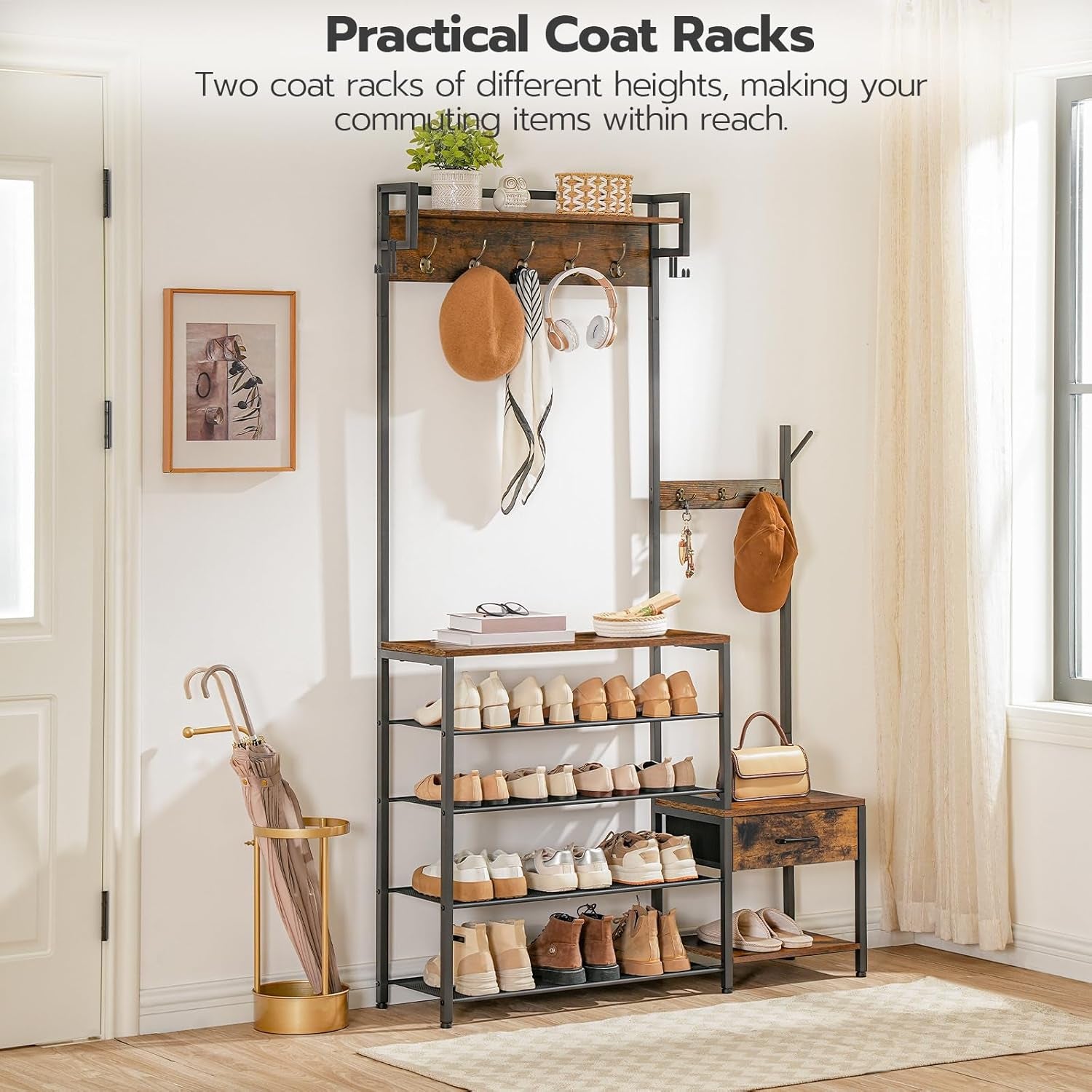 Hall Tree, Entryway Coat Rack Shoe Bench, Shoe and Coat Rack for Entryway, Hall Tree Coat Rack, with Non-Woven Fabric Drawer, for Entrance, Foyer, Rustic Brown and Black BF113MT01