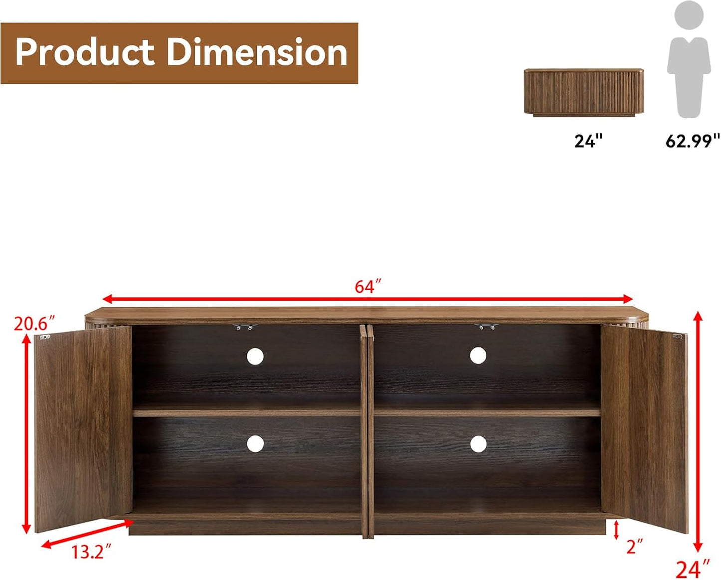 64" Buffet Sideboard Cabinet with Storage, Modern Fluted Accent Credenza with Adjustable Shelves, Wood Coffee Bar Console Table for Living Room Kitchen Dining Room Hallway, 24" H, Walnut