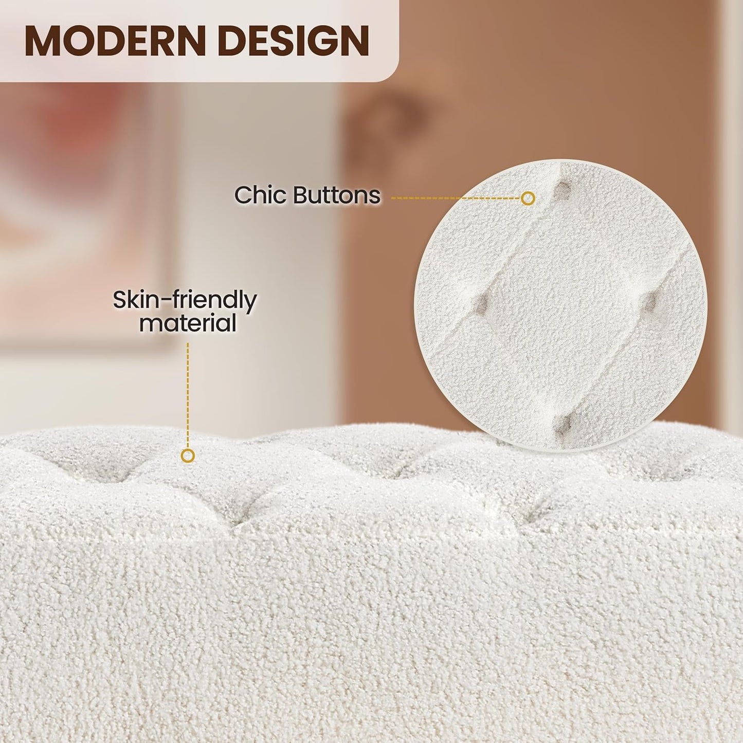 Modern Ottoman Bench Boucle Bench Upholstered Footrest for Living Room with Gold Metal Legs and Padded Seat Ivory