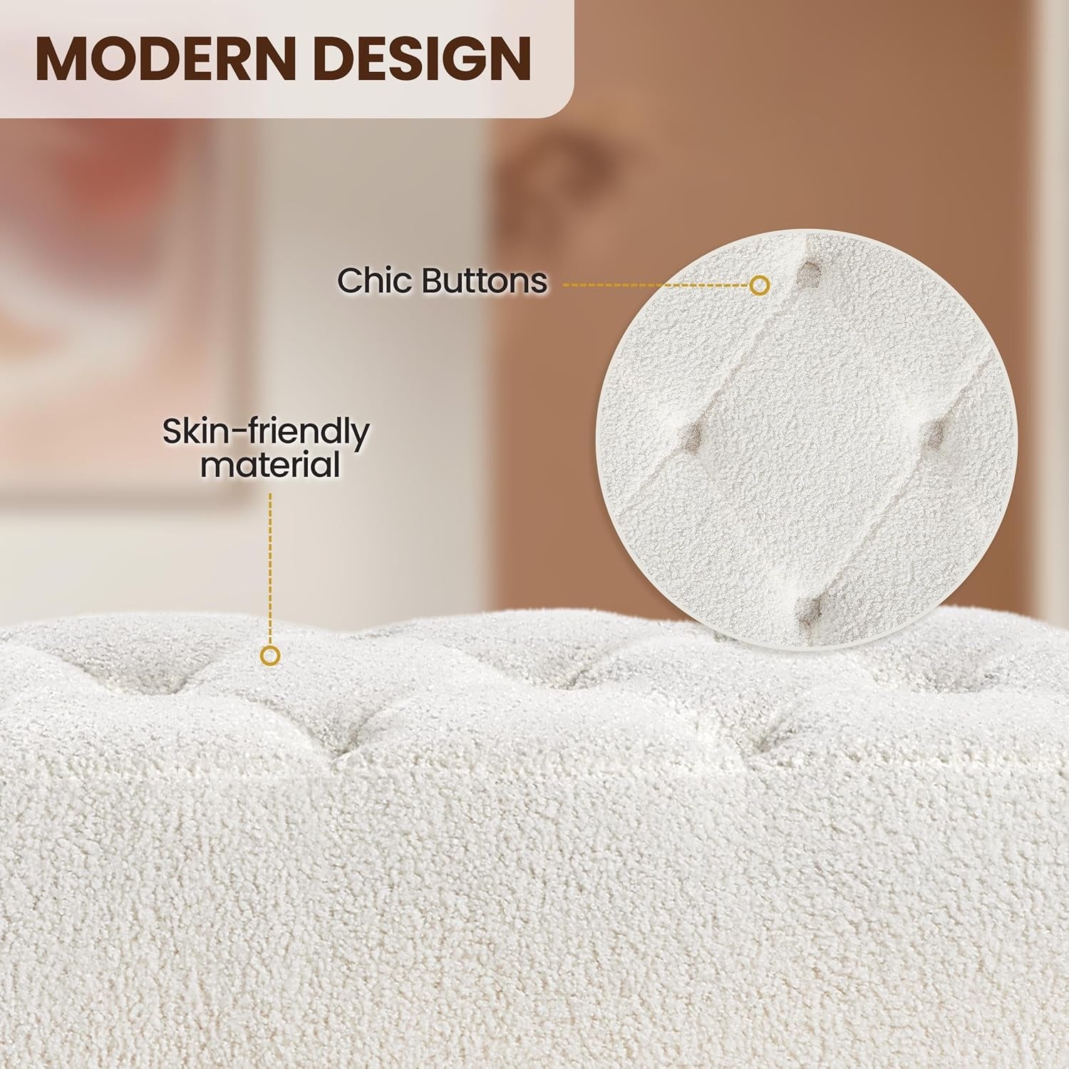 Modern Ottoman Bench Boucle Bench Upholstered Footrest for Living Room with Gold Metal Legs and Padded Seat Ivory