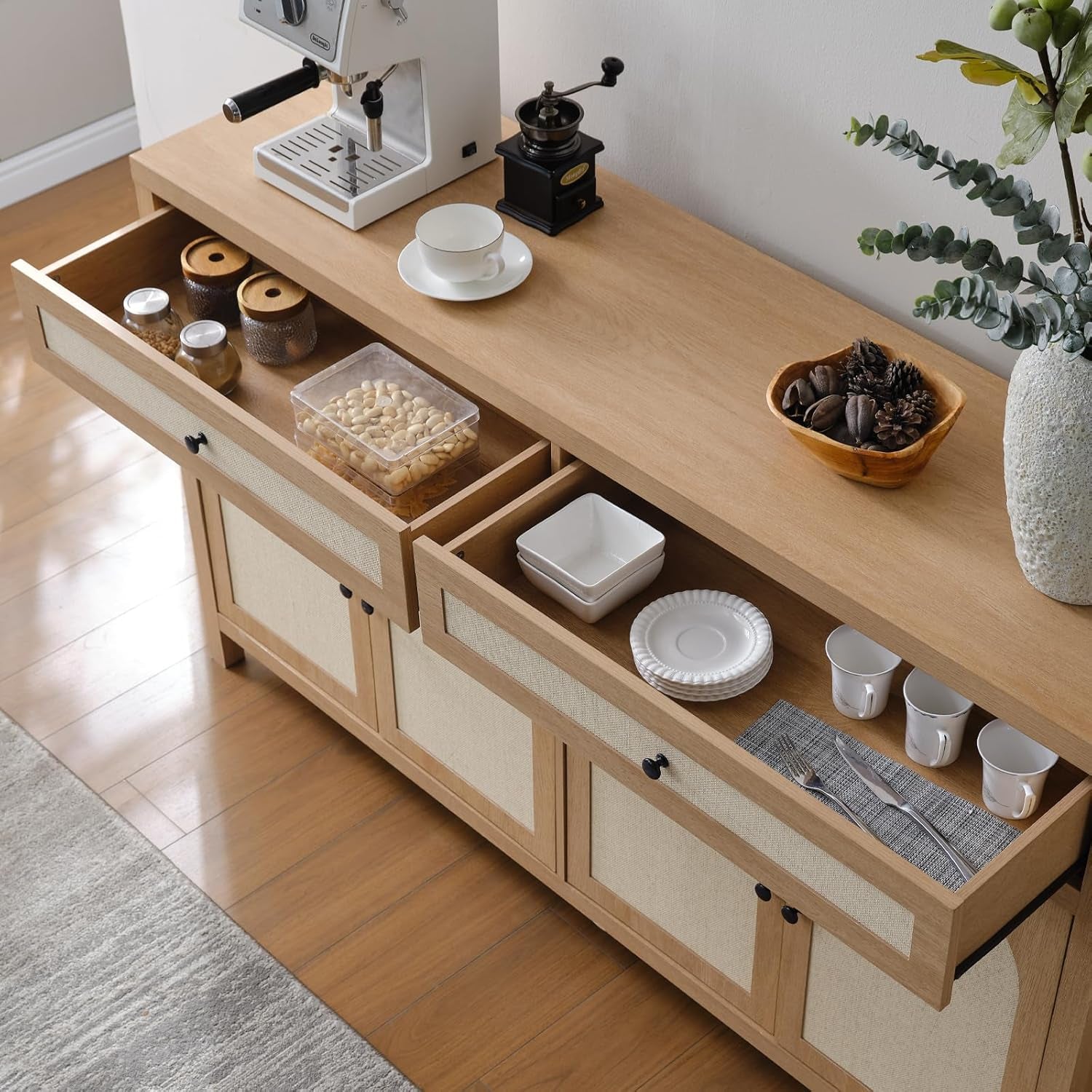 60'' Large Sideboard Buffet Cabinet with Storage, Rattan Accent Cabinet with Doors Drawers and Adjustable Shelves, Farmhouse Credenza Wood Coffee Bar Cabinets for Living Room Kitchen Entryway, Natural