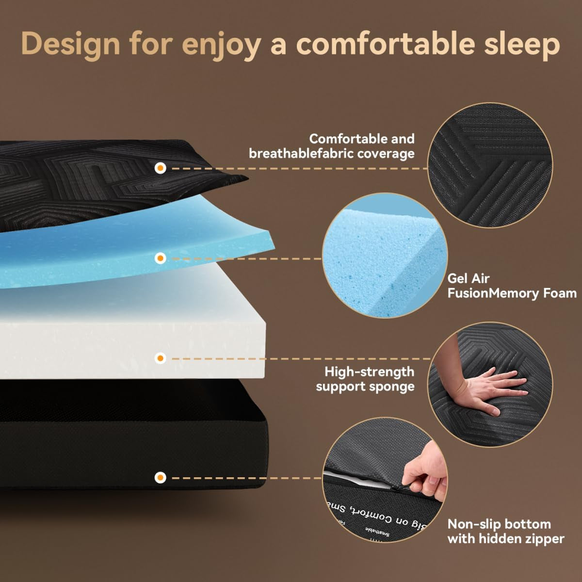 Memory Foam Mattress, Twin Size 6 Inch Tri-Fold Mattress, Handles and Non-Slip Bottom, Mattress Topper with Washable Cover, Foldable Bed for Yoga, Living Room, Camping, 75"X 38" X 6", Black