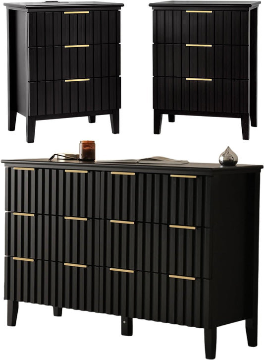 3 Piece Dresser and Nightstand Sets Modern Fluted Bedroom Set with 6 Drawer Dresser & 2 Nightstands,Mdf Wood, Gold Handles, Black Finish, Storage Furniture for Bedroom, Closet, Apartment