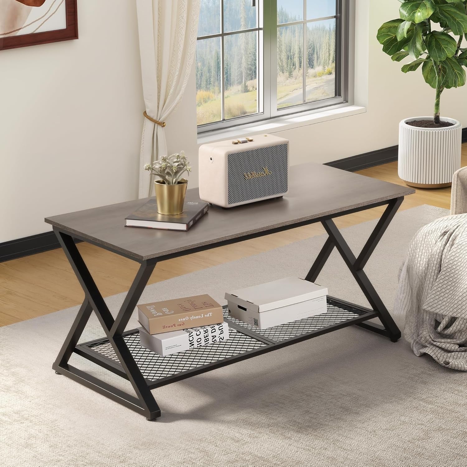 Coffee Table with Storage Shelf, Industrial Metal Wood Living Room Tables, Rectangle Center Table 39 Inch, Vintage Simple 2 Tier Cocktail Table, Grey