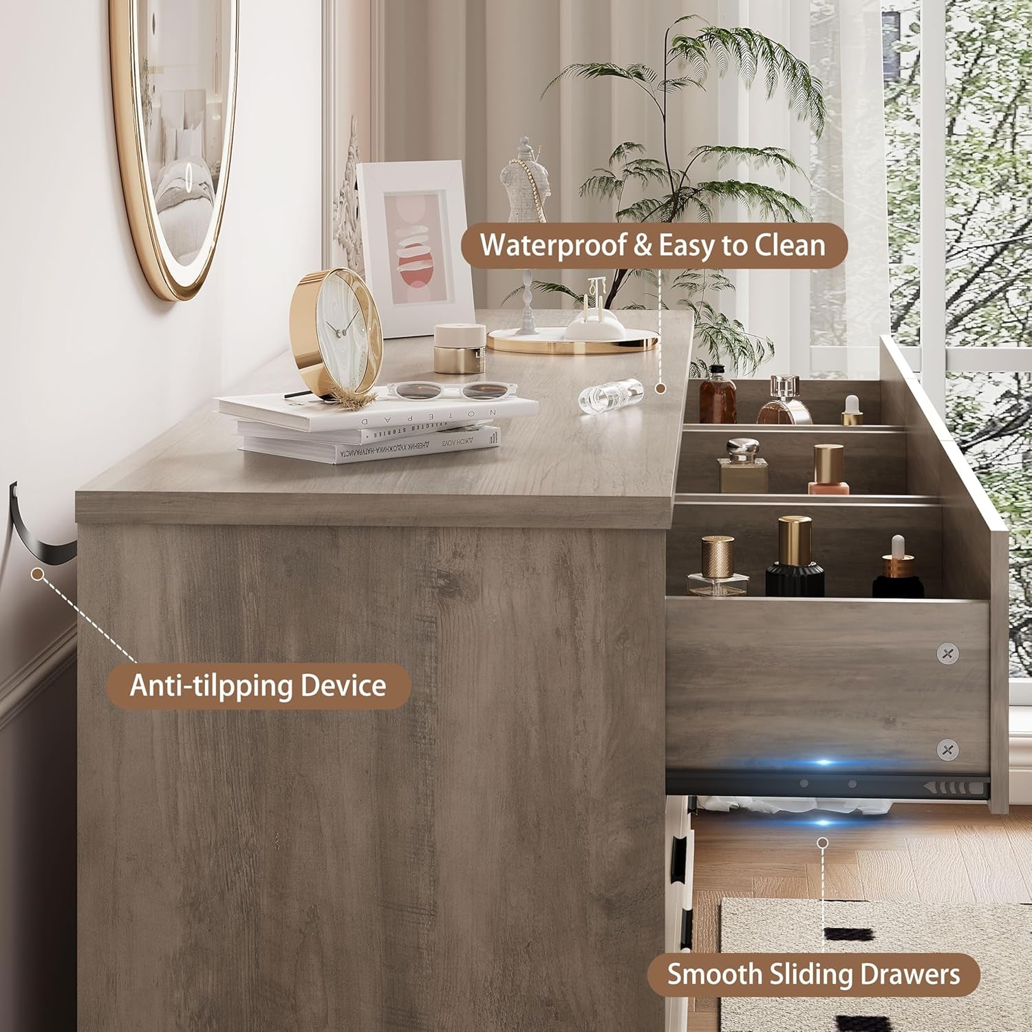 Dresser for Bedroom, 9 Drawer Wide Modern Chest of Drawers with X-Shaped Sturdy Base, Wood Double Dresser Closet Clothes Storage Organizer, Wooden TV Stand for Living Room, Hallway, Grey