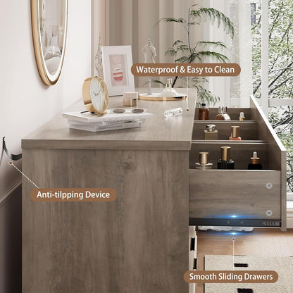 Dresser for Bedroom, 9 Drawer Wide Modern Chest of Drawers with X-Shaped Sturdy Base, Wood Double Dresser Closet Clothes Storage Organizer, Wooden TV Stand for Living Room, Hallway, Grey