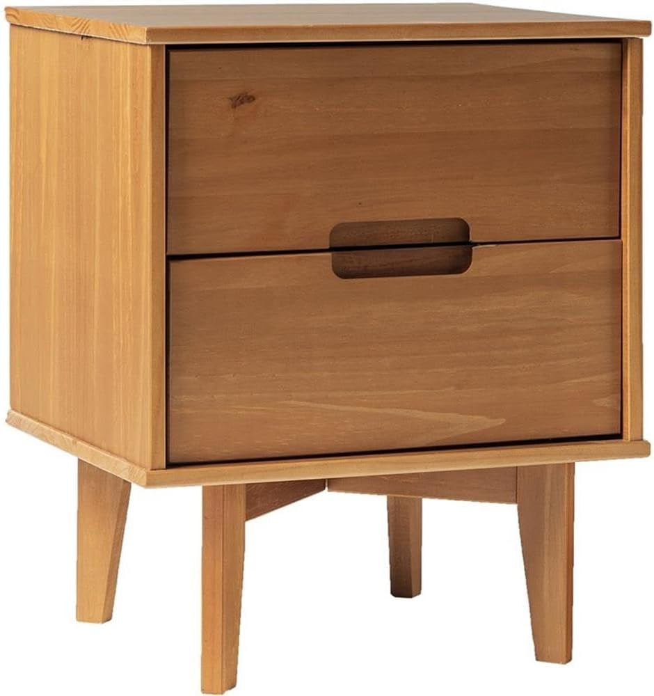Mid Century Modern Grooved Handle Wood Nightstand Side Table Bedroom Storage Drawer and Shelf Bedside End Table, 2 Drawer, Caramel