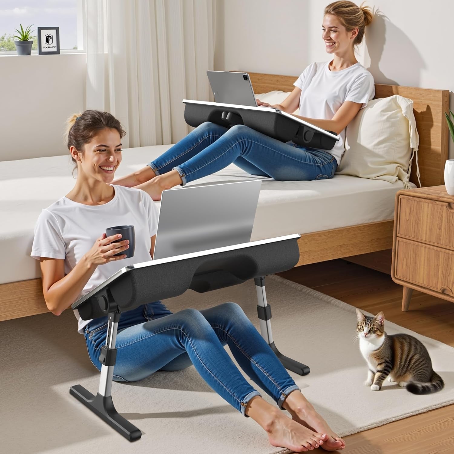 2-In-1 Lap & Bed Desk with Soft Cushions - Adjustable Height & Angle, Foldable Laptop Stand for Bed & Couch - Wrist Rest, Ipad Holder, Stopper & Non-Slip Leather - Bed Table for Adults & Kids