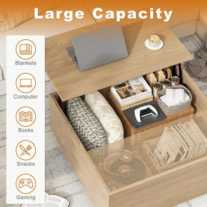 Lift Top Coffee Table, Wood Square Coffee Table with Storage, Farmhouse Coffee Tables with Hidden Storage Compartment, Center Table with Lifting Tabletop for Living Room, Home Office, Natural