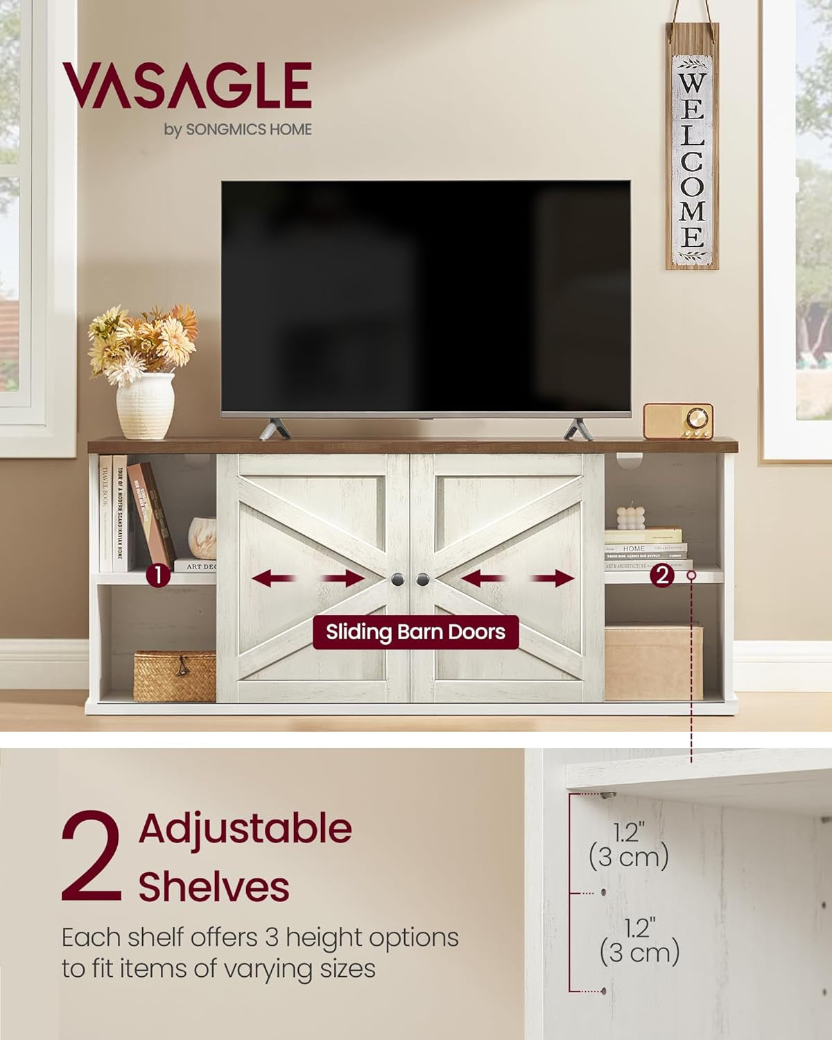 Farmhouse TV Stand for Tvs up to 65 Inches, Entertainment Center with Storage Cabinets and Sliding Barn Doors, Media Console Table for Living Room, Rustic White and Honey Brown ULTV535W01