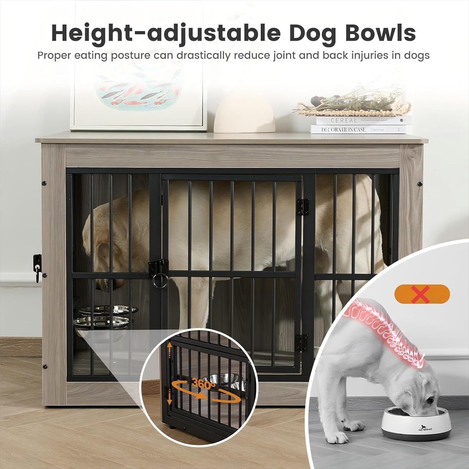 Dog Crate Furniture for Medium Dogs, 32.7 Inch Dog Kennel Indoor, Wooden Dog Cage End Table with 2 Removable Bowls, Heavy Duty Dog Crate, Rustic Grey