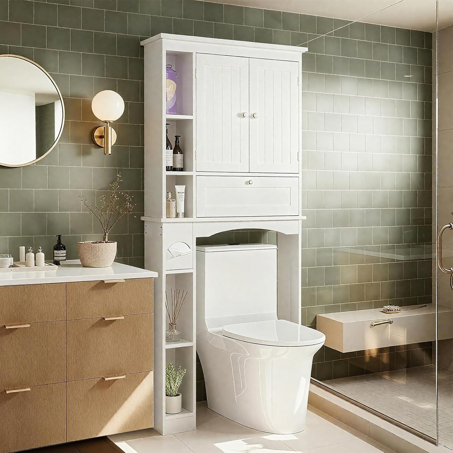 over the Toilet Storage Cabinet, 31.5''W Freestanding Space Saver with Doors, Adjustable Shelf & Toilet Paper Holder, over Toilet Bathroom Organizer for Laundry, Restroom, White