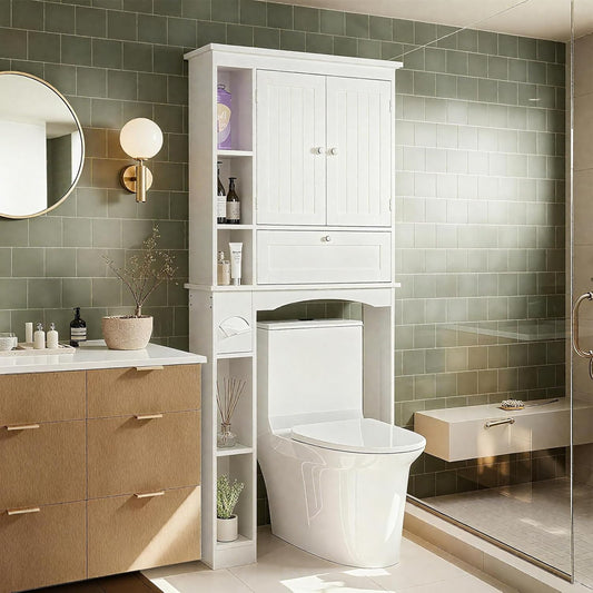 over the Toilet Storage Cabinet, 31.5''W Freestanding Space Saver with Doors, Adjustable Shelf & Toilet Paper Holder, over Toilet Bathroom Organizer for Laundry, Restroom, White