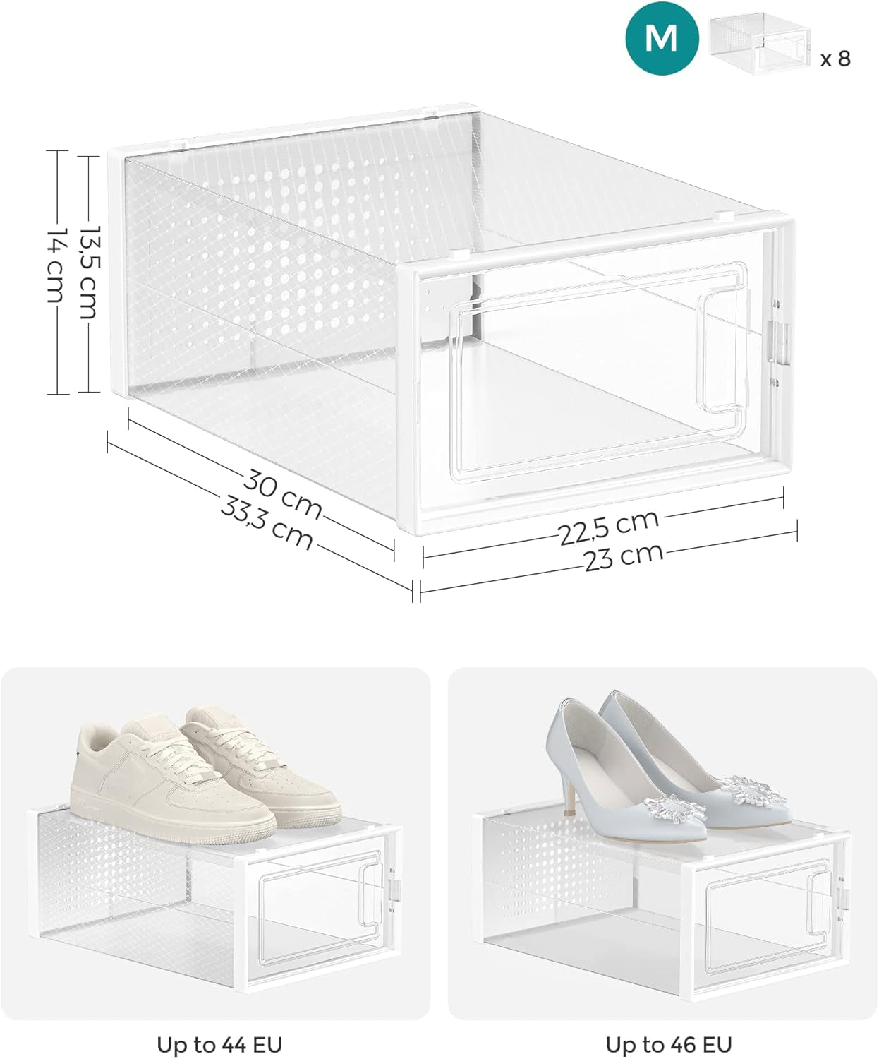 - Shoe Boxes - Pack of 8 Foldable and Stackable Shoe Bins/Organizers, up to Size 44, Clear and White, LSP08SWT