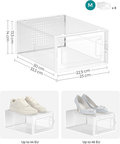 - Shoe Boxes - Pack of 8 Foldable and Stackable Shoe Bins/Organizers, up to Size 44, Clear and White, LSP08SWT