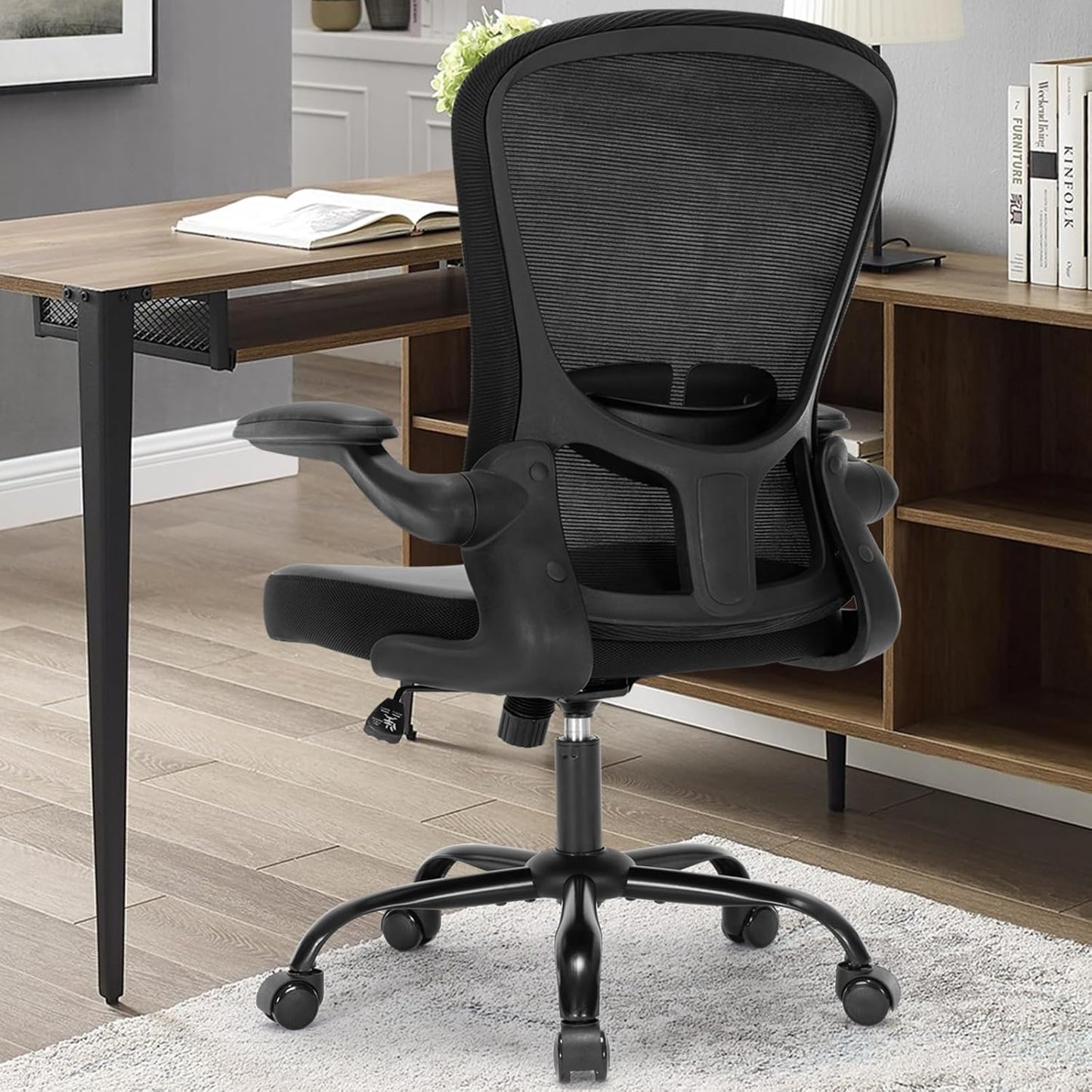 Office Chair, Ergonomic Desk Chair with Flip-Up Armrests, PU Leather Computer Chair Home Office Desk Chairs with Lumbar Support, Mesh Swivel Executive Chair Rolling Task Chair, Black