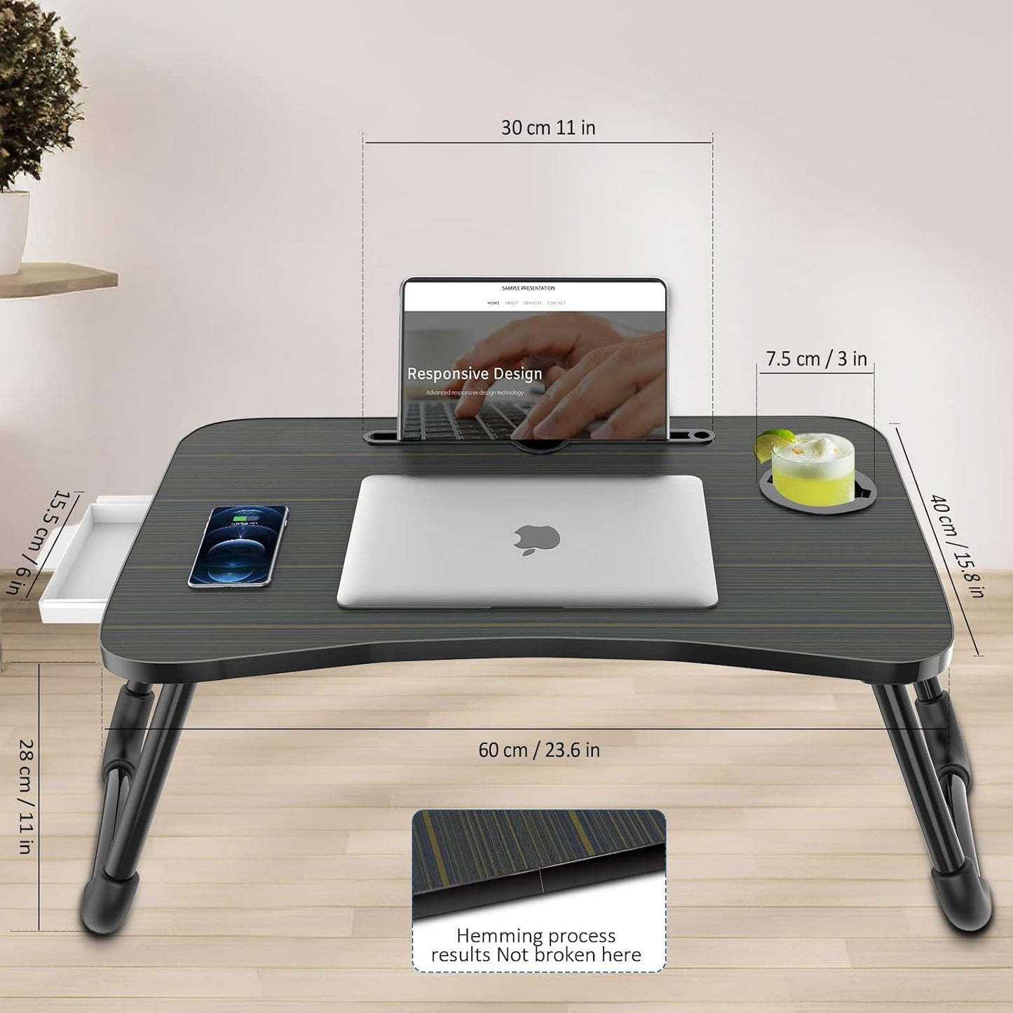 Foldable Laptop Bed Table Multi-Function Lap Serving Tray Dining Table with Storage Drawer and Water Bottle Holder, Slot for Eating, Working on Couch/Sofa (Arc Shape)