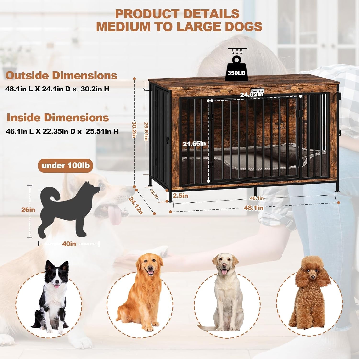 XL Dog Crate Furniture 48'', Heavy Duty Wooden Dog Kennel Indoor, XXL Large Cage End Table, 48'' X 24'' X 30'', Extra Large Pet House TV Stand with Name Tag & Divider for Big Breeds