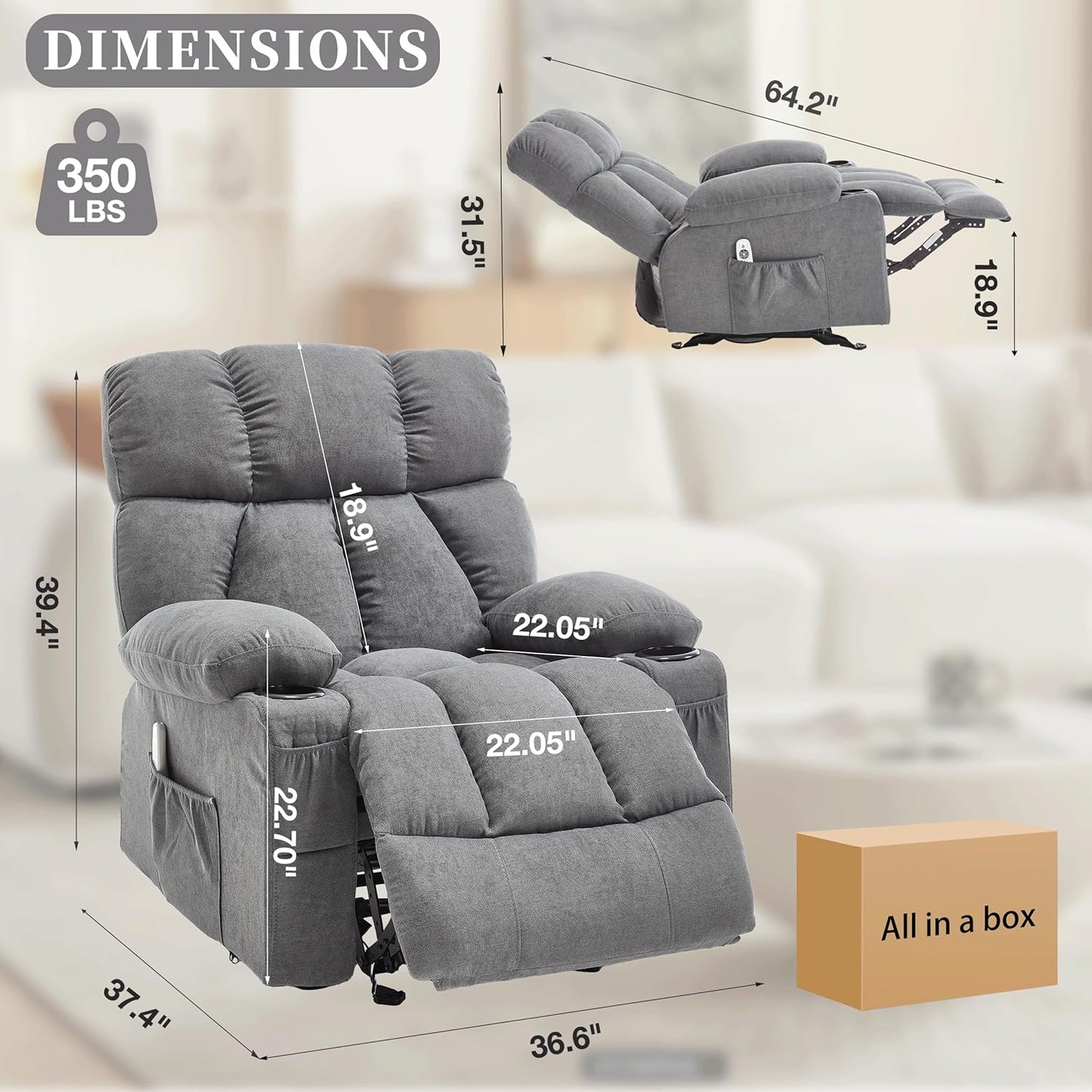 Recliner Chair with Massage Rocker Heat, Ergonomic Oversized Reclining Lounge Chair with Side Pockets, USB Charging Port, Sturdy Metal Frame, Overstuffed Nursery Rocking Chairs for Living Room
