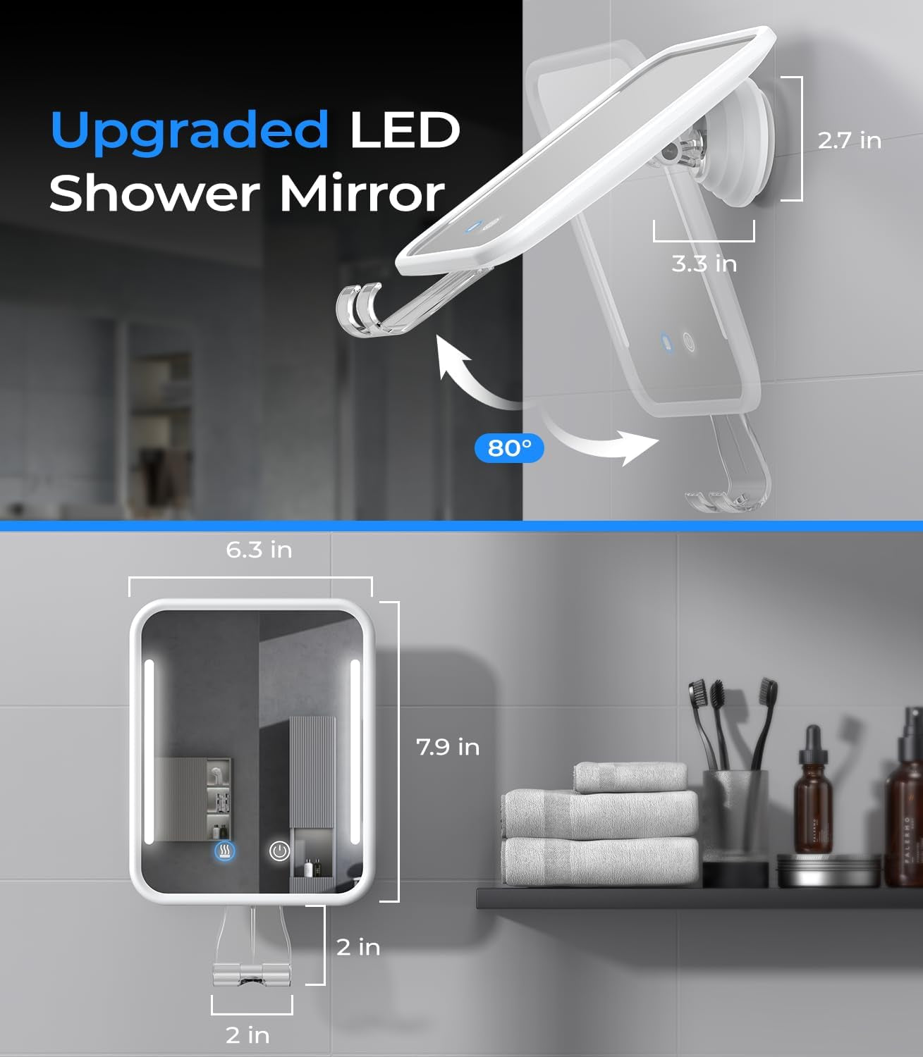 Heated Shower Mirror Fogless for Shaving with Light, 5000Mah Rechargeable Battery, Detachable Suction Cup and Razor Holder for Wall, No-Drilling, Removable, Waterproof for Bathroom - White