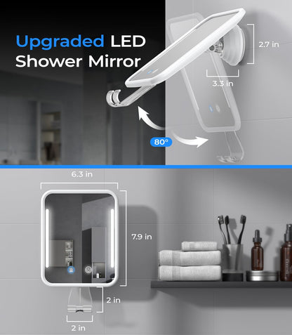 Heated Shower Mirror Fogless for Shaving with Light, 5000Mah Rechargeable Battery, Detachable Suction Cup and Razor Holder for Wall, No-Drilling, Removable, Waterproof for Bathroom - White