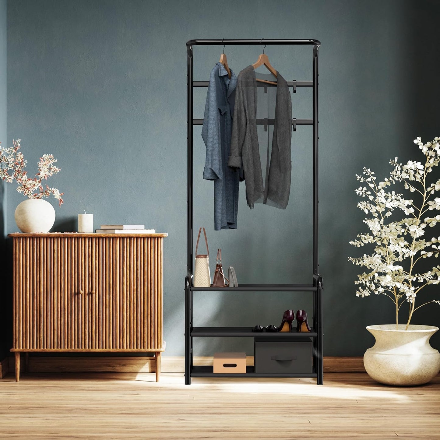 Coat Rack with Storage Shelf, Freestanding Hall Tree with Hooks for Entryway, Bedroom, Office, Black Metal Clothes Hanger Stand for Coats, Hats, Jackets, Bags - Black