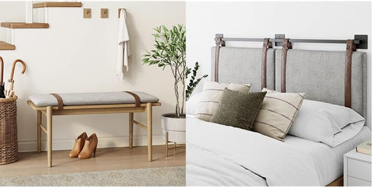 Gugan Mid-Century Wood Entryway Bench Seat, Queen Gray Fabric Wall Mount Hanging Headboard with Brown Faux Leather Straps