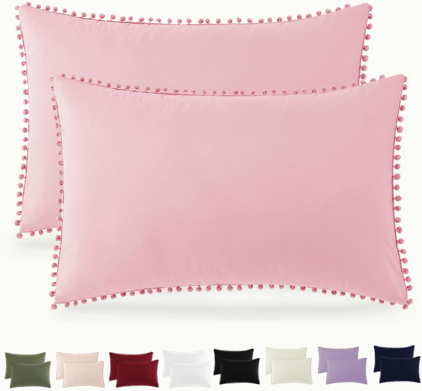 Pom Poms Pillow Shams King Size Set of 2, Pink Decorative Pillowcases with Envelope Closure, Soft Microfiber Shams Cover with Pom Pom Trim, Wrinkle Resistant (20 X 36 Inches)