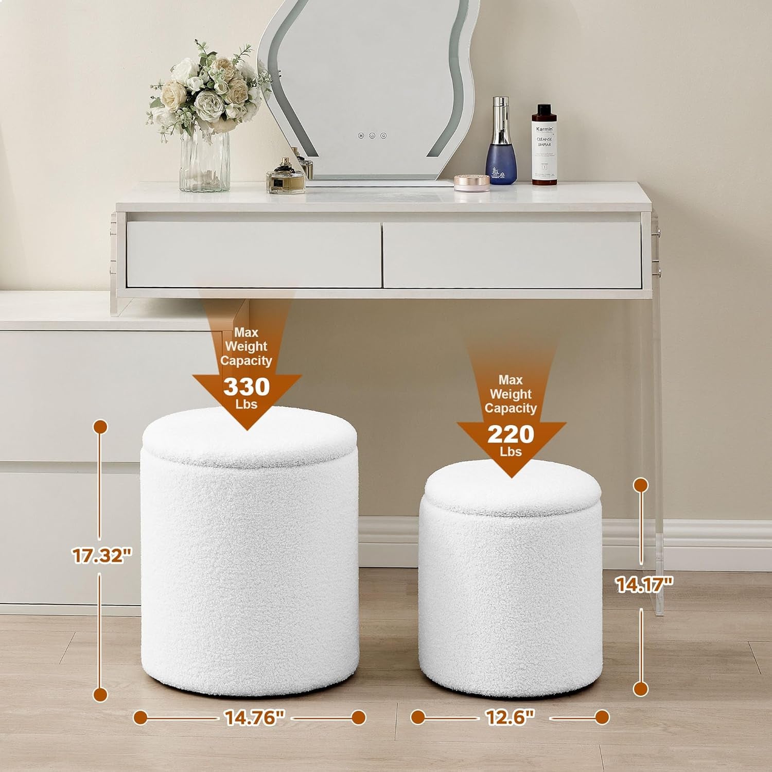 Round Set of 2 Ottoman with Storage, Boucle Storage Ottoman Foot Stool, Soft Teddy Upholstered Small Vanity Stool, Ottomans Coffee Table Padded Seat Foot Rest for Living Room Bedroom, White