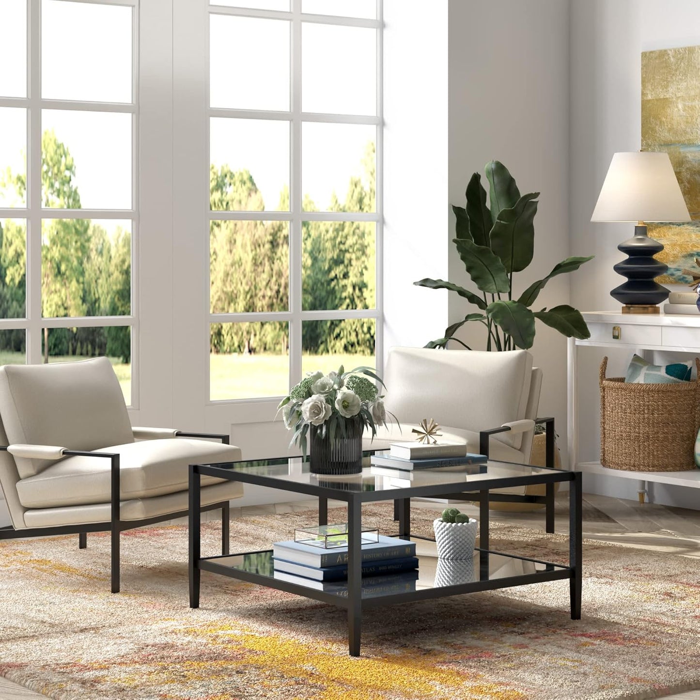 32" Wide Square Coffee Table with Mirror Shelf in Blackened Bronze, Modern Coffee Tables for Living Room, Studio Apartment Essentials