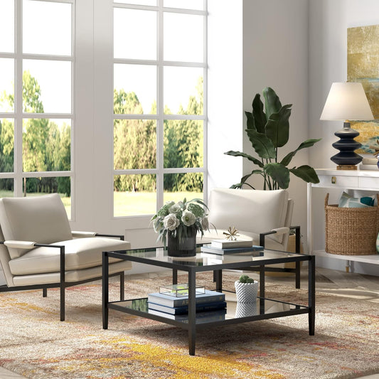 32" Wide Square Coffee Table with Mirror Shelf in Blackened Bronze, Modern Coffee Tables for Living Room, Studio Apartment Essentials