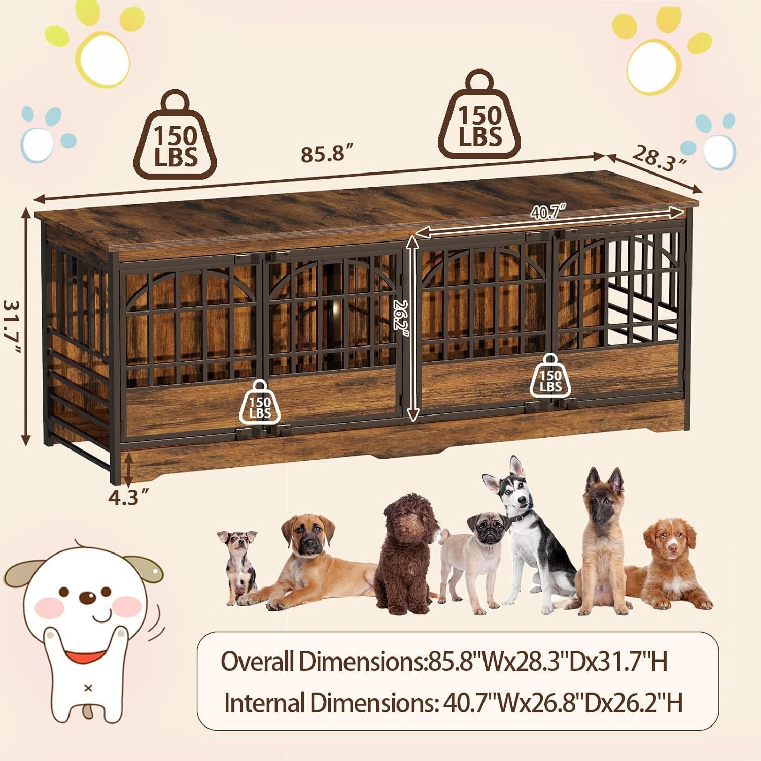 78 Inch Double Dog Crate Furniture, Extra Large Dog Kennel Indoor with Divider, Heavy Duty Dog Cage for 2 Dogs, Decorative Wooden Dog House Decorative Table TV Stand, Pet House for Xlarge Dogs,White