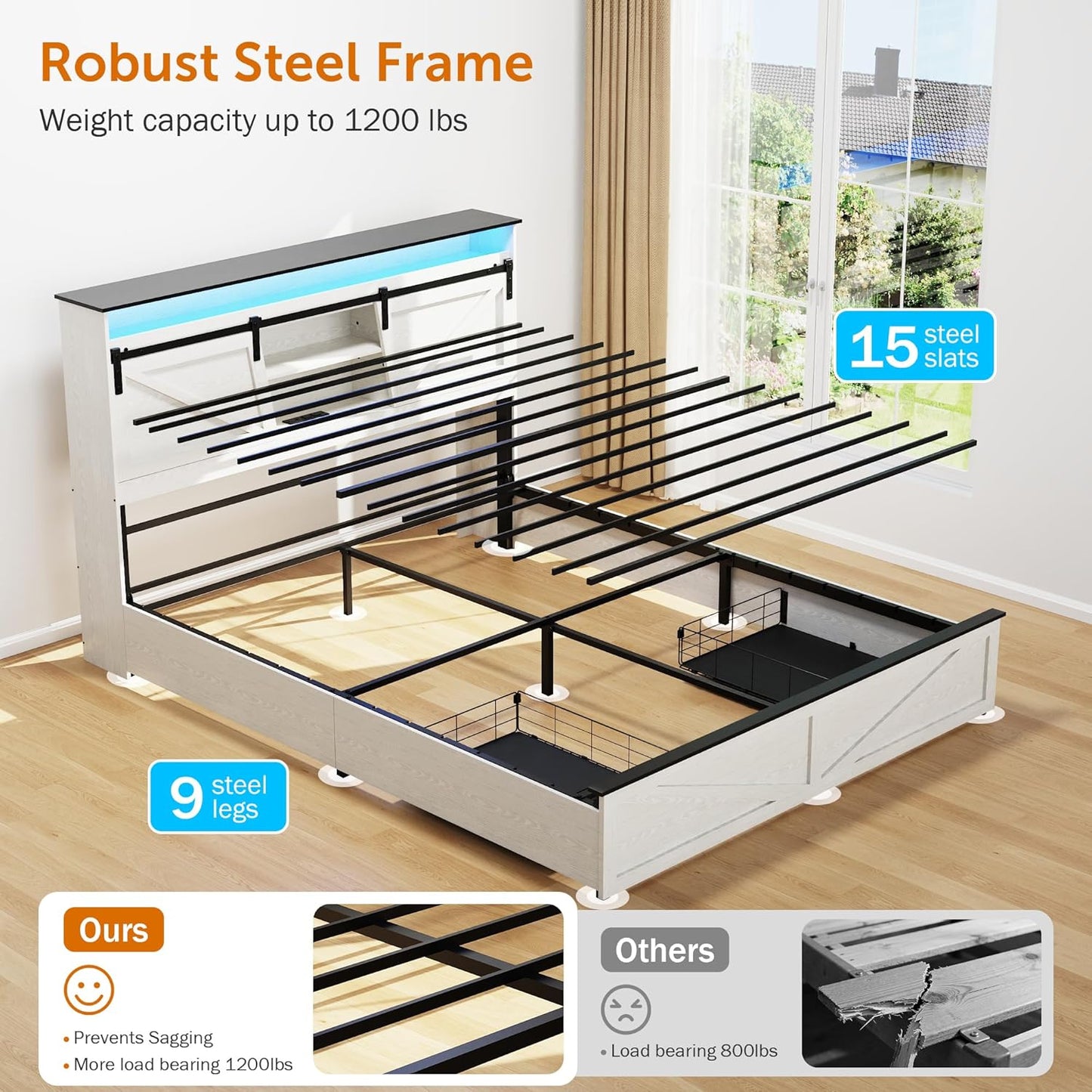 Queen Bed Frame with Barn Door Storage Headboard and 2 Drawers, USB Ports and LED Lights,Wood Platform Bed and All-Steel Support,No Noise,No Box Spring Needed,Antique White