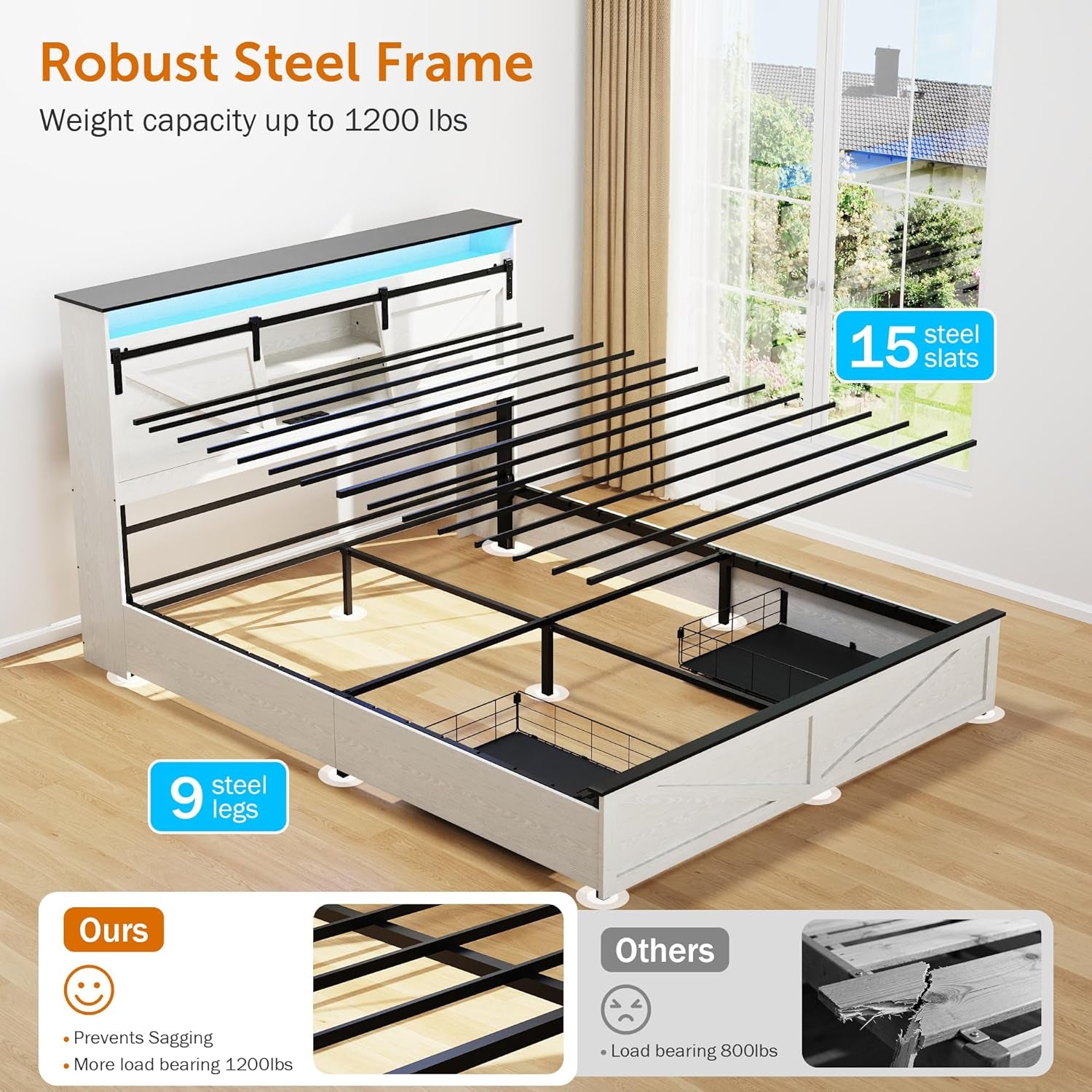 Queen Bed Frame with Barn Door Storage Headboard and 2 Drawers, USB Ports and LED Lights,Wood Platform Bed and All-Steel Support,No Noise,No Box Spring Needed,Antique White