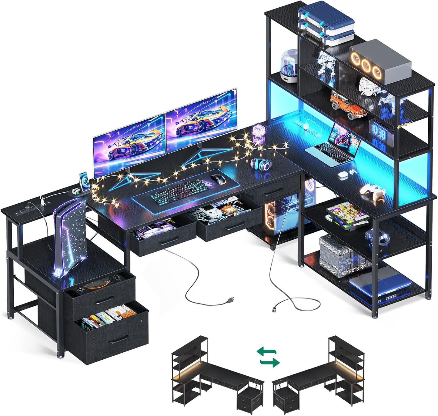 79 Inch L Shaped Desk with 5 Drawers, Reversible L Shaped Gaming Desk with LED Light & 2 Power Outlets, Computer Desk with Storage Shelves for Home Office, Black