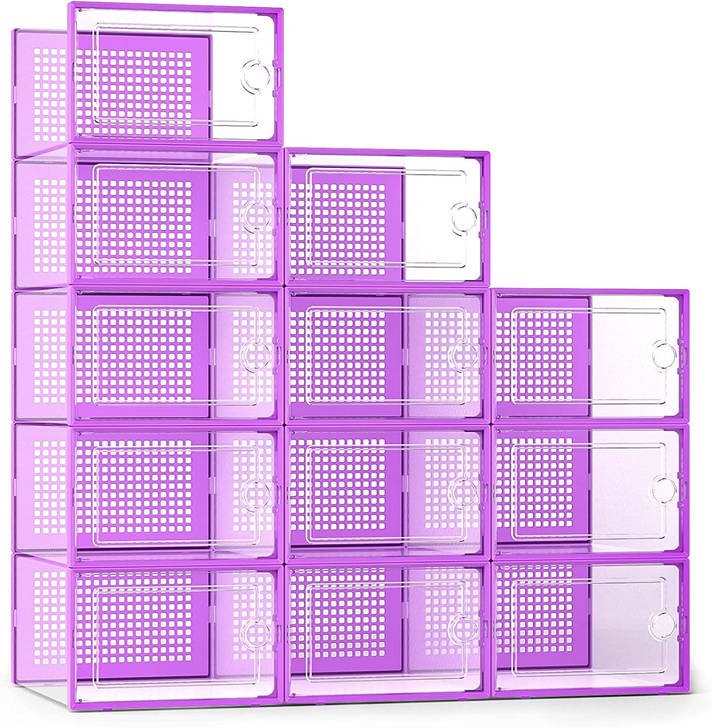 X-Large Shoe Storage Boxes Organizers Clear Plastic Stackable 12 Pack, Shoe Rack & Holder Substitute, Sneaker Containers, Toy Storage Organizer Bins for Entryway, Closet, under Bed, Purple