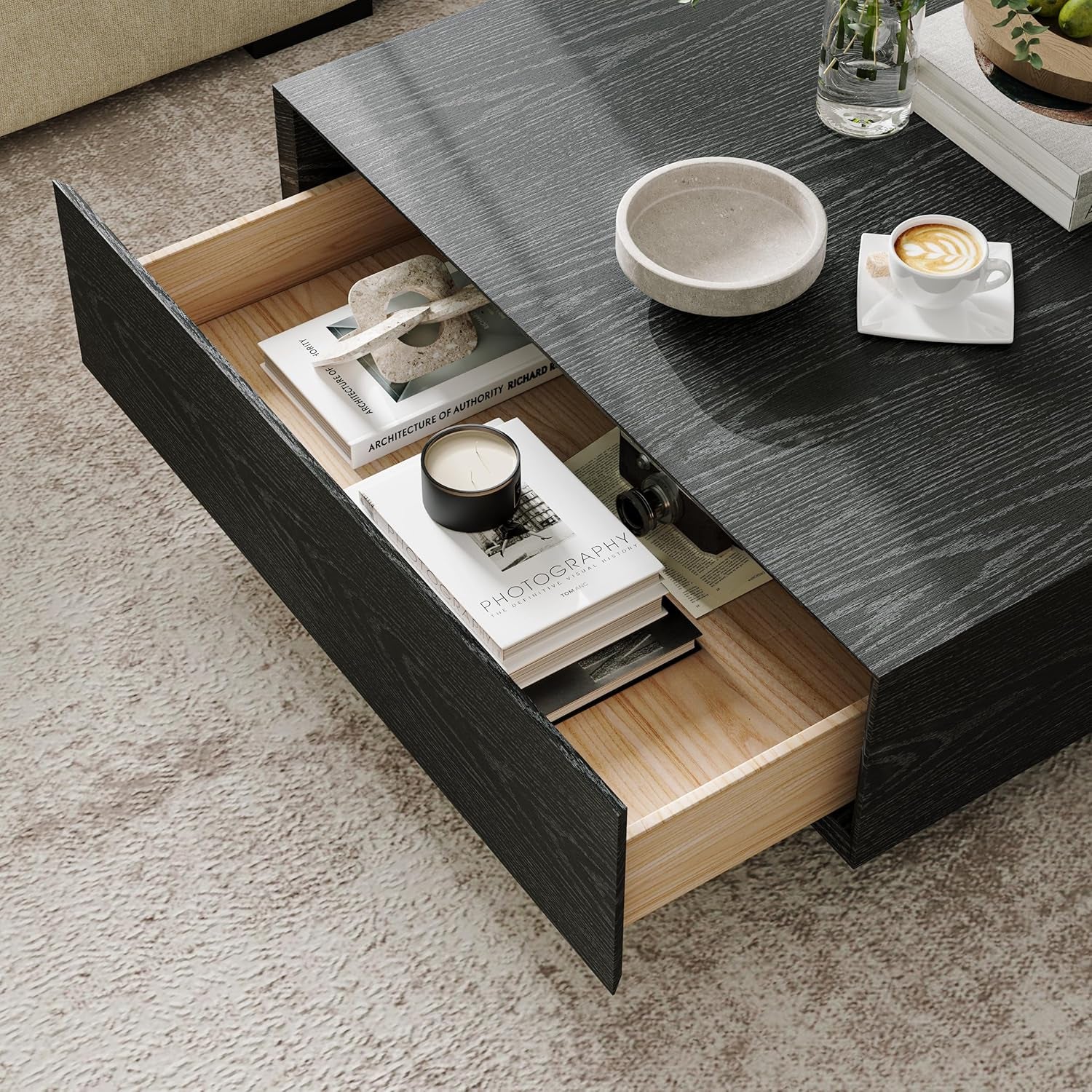 Modern Square Coffee Table with Drawers, 39.37" Wood Coffee Table for Living Room Home Office, Fully-Assembled Black