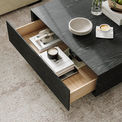 Modern Square Coffee Table with Drawers, 39.37" Wood Coffee Table for Living Room Home Office, Fully-Assembled Black