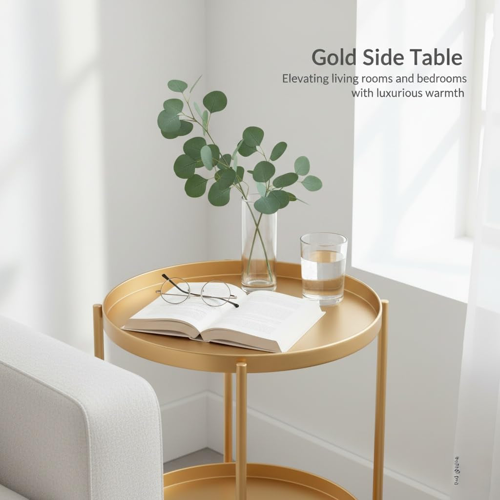 2 Tier Gold Side Table, Folding round Metal End Table Small Nightstand with Two Removable Tray for Bedroom Living Room Small Spaces Bedside Gold