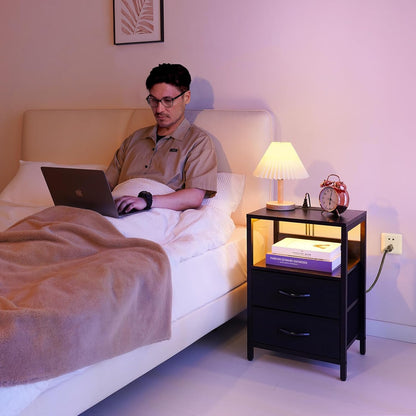 Nightstand with Charging Station, LED Night Stand with Fabric Drawers and Storage Shelf for Bedroom, Nightstands Bedside Tables with USB Ports & Outlets, Small Night Stands, Bed Side Table