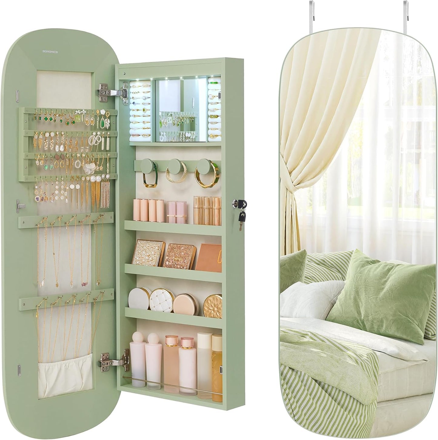 Jewelry Organizer, LED Jewelry Cabinet Wall/Door Mounted, Lockable Rounded Wide Mirror with Storage, Interior Mirror, 3.9 X 16.5 X 42.5 Inches, White Surface with Greige Lining