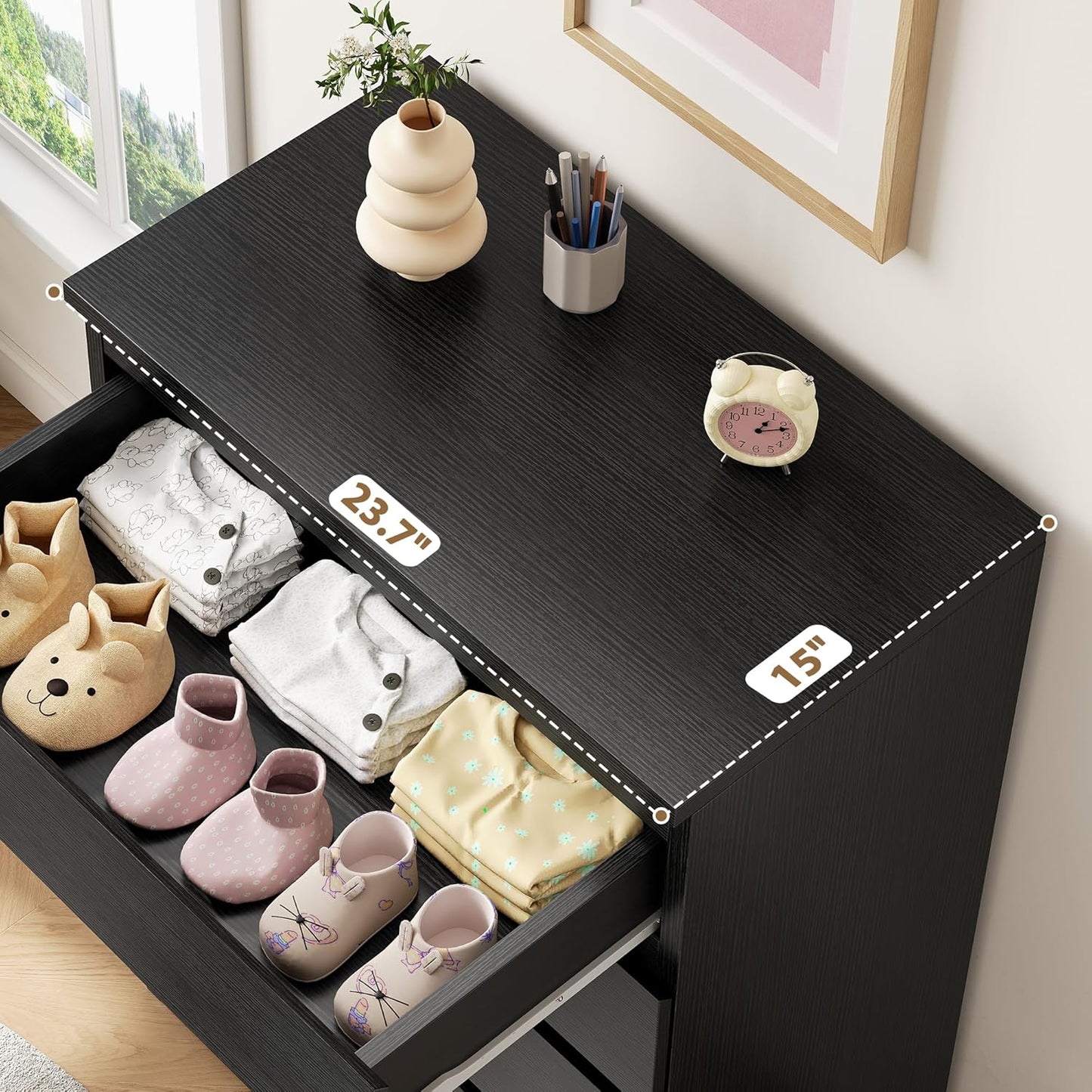 Black 5 Drawer Dresser for Bedroom, 15" D X 23.7" W X 40.4" H in Simply Chest of Drawers, Wood Storage Dresser with Drawers for Living Room Hallway Entryway, Black