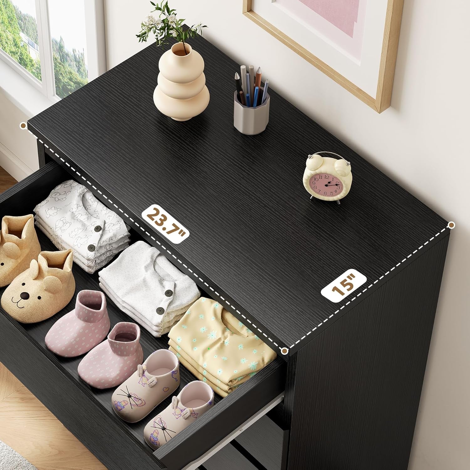 Black 5 Drawer Dresser for Bedroom, 15" D X 23.7" W X 40.4" H in Simply Chest of Drawers, Wood Storage Dresser with Drawers for Living Room Hallway Entryway, Black