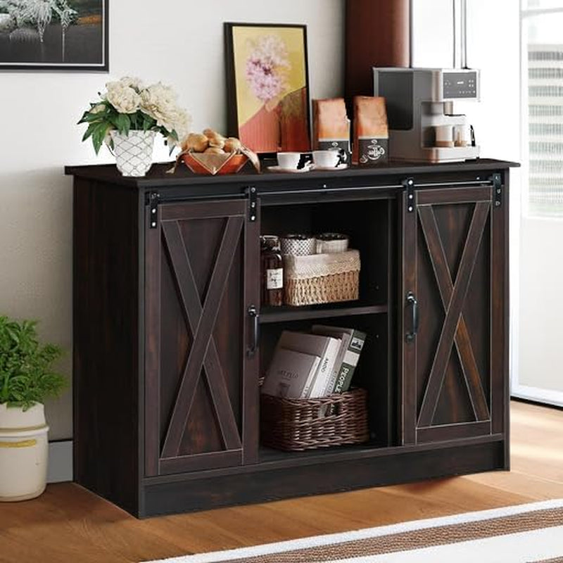 Coffee Bar Cabinet with Sliding Barn Doors, 42” Sideboard Buffet Cabinet with Storage, Farmhouse Coffee Bar Station Table Liquor Wine Bar with Shelves for Kitchen, Espresso