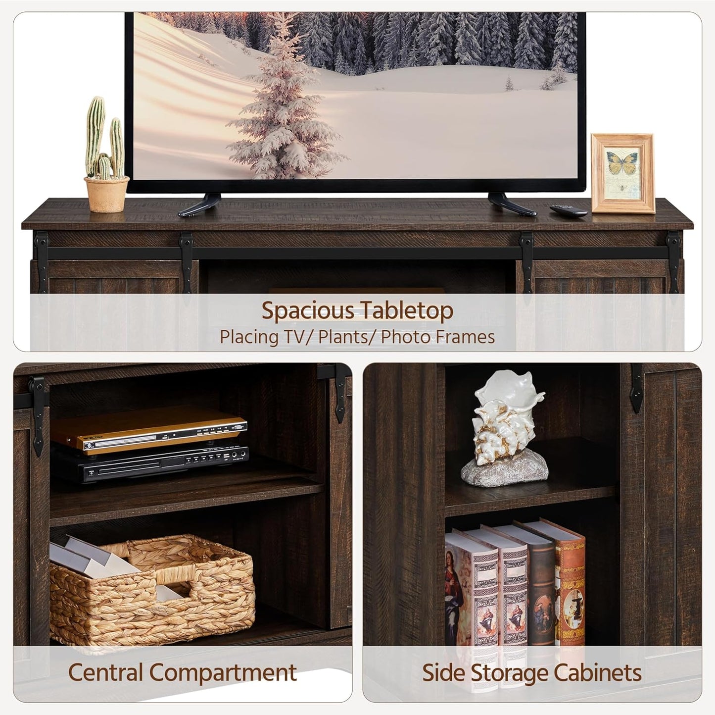 TV Stand for Tvs up to 65 Inch, Farmhouse Media Entertainment Center, 58'' TV Console Table with Adjustable Shelves & Sliding Barn Doors for Living Room, Dark Walnut