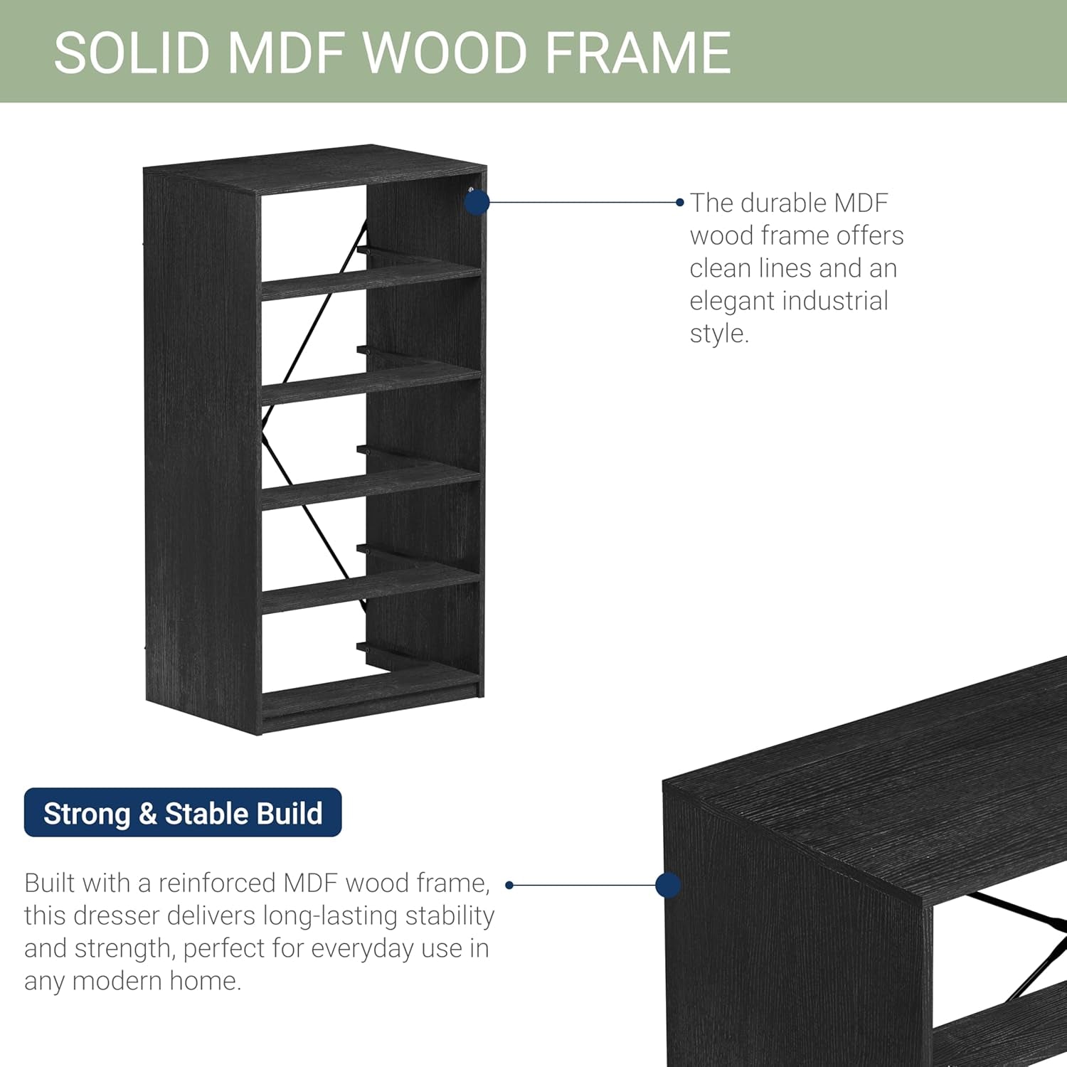 5-Drawer Dresser with Extra Large Fabric Drawers, Wood Frame Dresser with 5 Drawers for Bedroom or Living Room Storage, Hallway, Fabric Bins for Closet or Hallway Storage Organizer, Toy Chest, Black