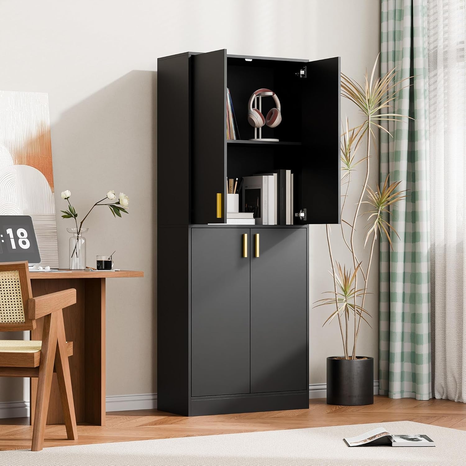 Kitchen Pantry Cabinet, 71" Tall Wood Storage Cabinet with Doors and Shelves 4 Doors Freestanding Cupboard for Dining Room Living Room Bathroom Furniture, Black | Wood Storage Cabinet, 4 Doors, Utility Hutch, for Dining Room
