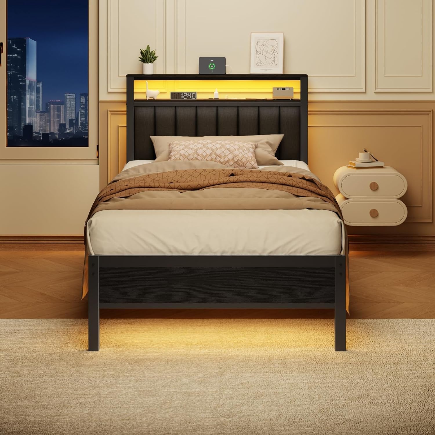 Twin Size Bed Frame with Charging Station and LED Lights, Platform Bed with Metal Slats, Grey Upholstered Headboard with 2-Tier Storage Shelves, No Box Spring Needed