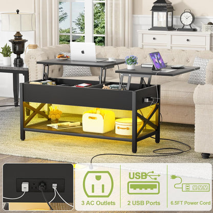 Black Lift-Top Coffee Table with LED Light, Power Outlets and Storage Shelf, 41.7"W X 19.69"L X 19.7"H
